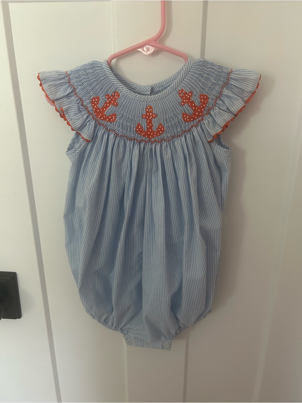 Light Blue Striped Baby One-Piece with Orange Anchor smocking